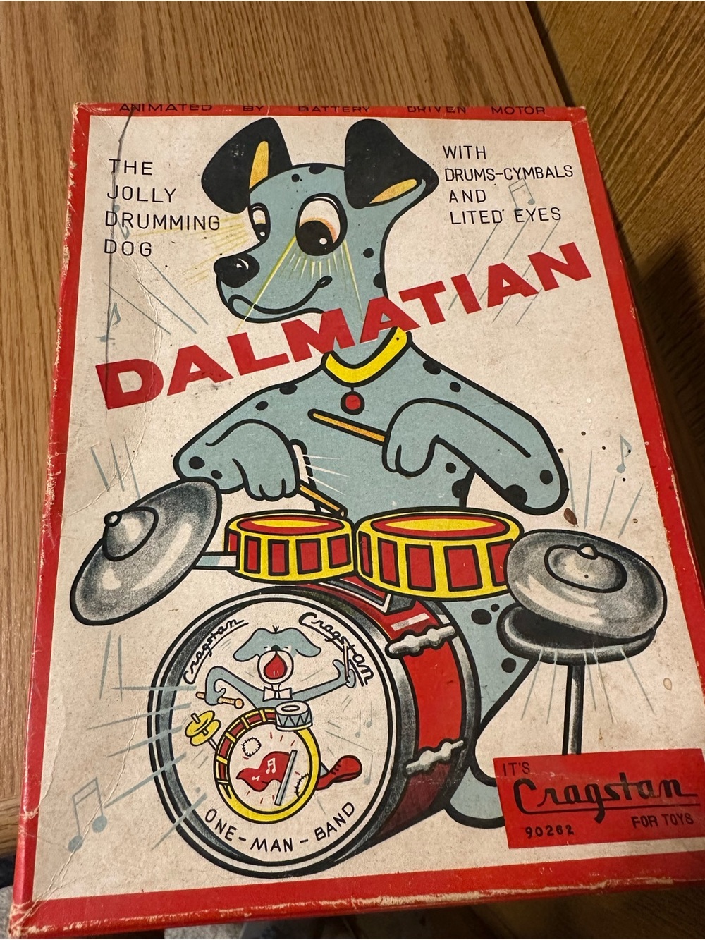 Dalmatian Jolly Drumming Dog Vintage Toy Box Art - Red/White